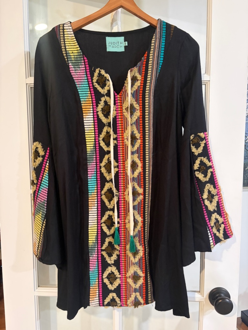 Judith March Embroidered Dress Black Boho Aztec Style Midi Western Bell Sleeve